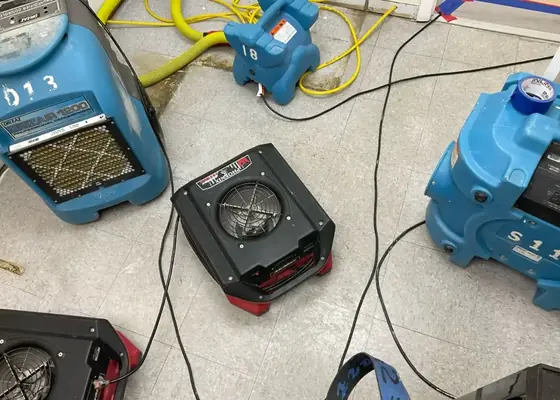 Air movers and a dehumidifier staged on a wet floor in Sandy