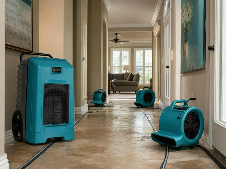 Dehumidifier and air movers drying a wet hallway floor in a Sandy, UT home