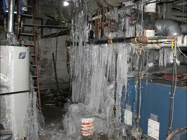 Ice coating frozen pipes in a basement utility room after a hard freeze in Sandy