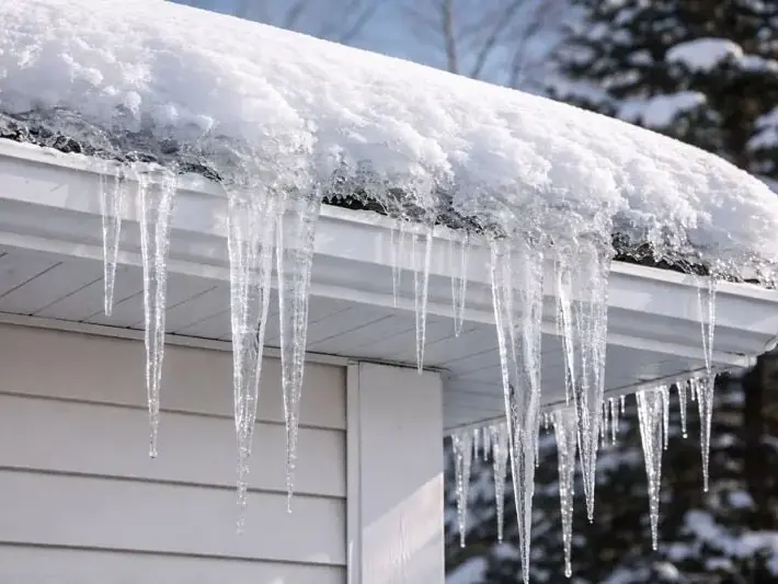 Icicles and an ice dam along a snow-loaded roof edge in Sandy, UT