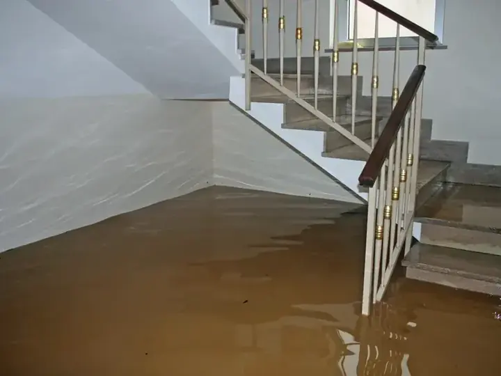 Muddy runoff water flooding a lower level at the foot of the stairs in Sandy, UT