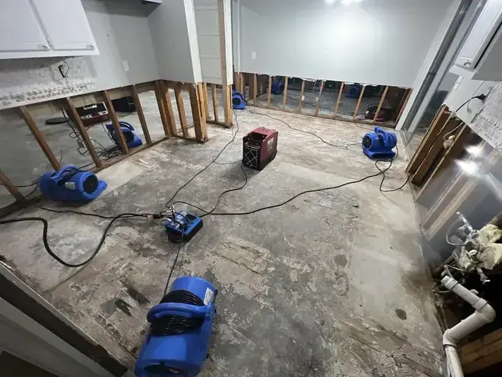 Air movers and a dehumidifier drying a gutted room to the S500 goal in Sandy, UT