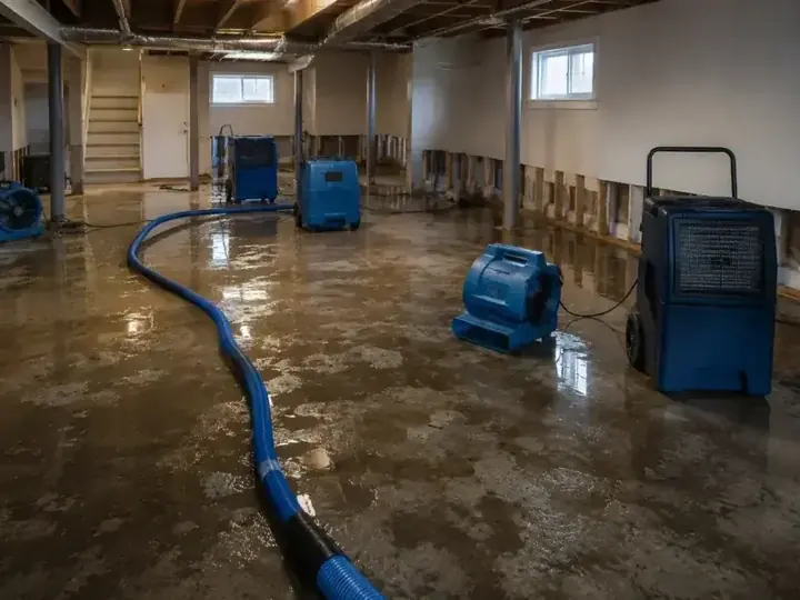 Extraction hose and drying equipment in a flooded basement in Sandy, UT