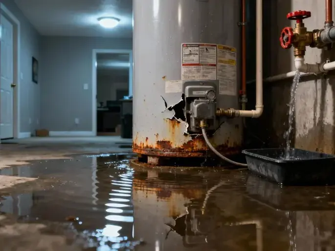 Water pooled on a basement floor around a leaking water heater in Sandy, UT